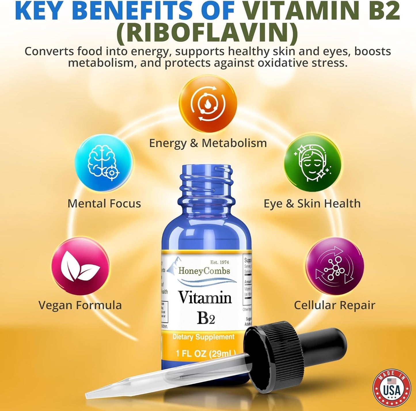 HoneyCombs Vitamin B2 Liquid Drops – High Potency Riboflavin Supplement – Alcohol Free, Vegan – 30 ml - görsel 8