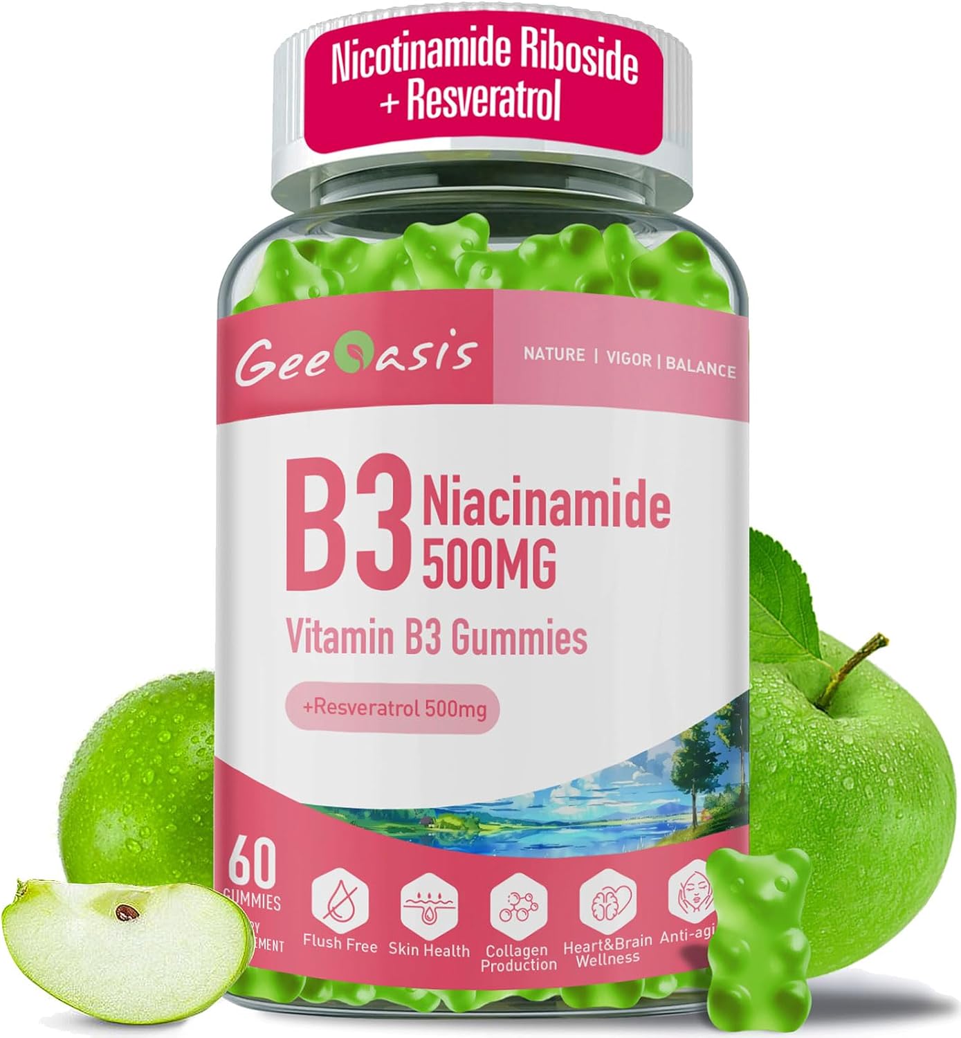 Niacinamide 500mg Gummies, Chewable Vitamin B3 Supplement with Resveratrol 500mg, High Potency Niacinamide for Skin & Brain Health, Immune Support, Vegan Apple Flavour, 60 Count - görsel 1