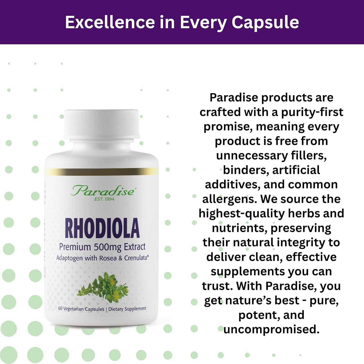 Paradise Herbs Rhodiola Extract 500mg, Adaptogen for Stress Resilience, Vegan, Non-GMO, Gluten Free, 60 Vegetarian Capsules - görsel 7