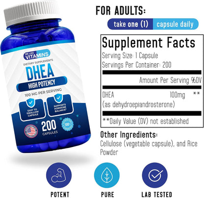 We Like Vitamins DHEA 100mg 200 Capsules - Hormone Support & Vitality