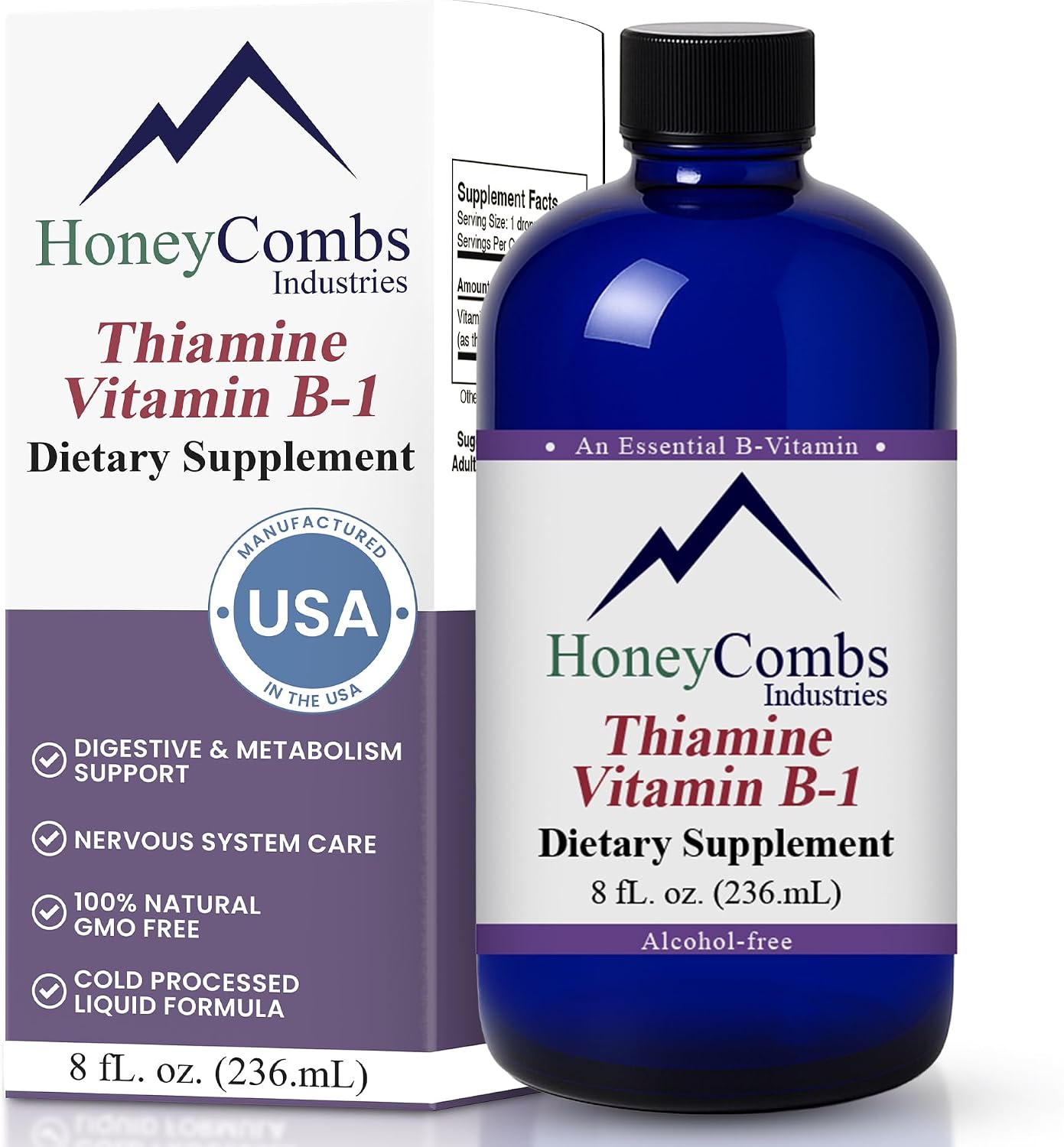 HoneyCombs Vitamin B1 Supplement (Thiamine) Liquid Drops - High Potency Thiamine B1 for Men & Women - Nervous System, Energy & Overall Health - Vegan Liquid B Vitamins (240 ml) - görsel 1