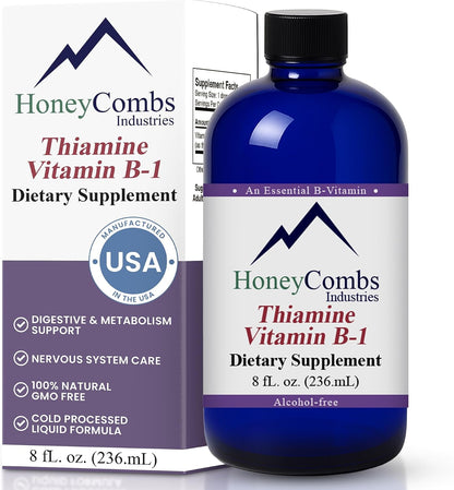 HoneyCombs Vitamin B1 Supplement (Thiamine) Liquid Drops - High Potency Thiamine B1 for Men & Women - Nervous System, Energy & Overall Health - Vegan Liquid B Vitamins (240 ml)