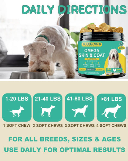 Omega-3 for Dogs - Skin and Coat Supplement with EPA & DHA - Fish Oil Chews with Salmon Oil & Vitamins - Chicken Flavour, 120 Chews