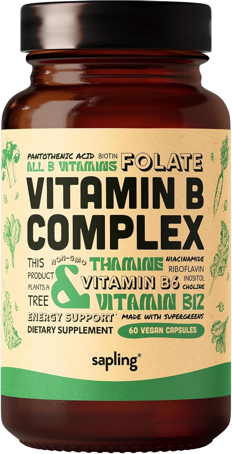 sapling Vegan Vitamin B Complex - Whole Food Blend with Essential B Vitamins B1, B2, B3, B5, B6, B7, Folate, B12 - 60 Capsules - görsel 1