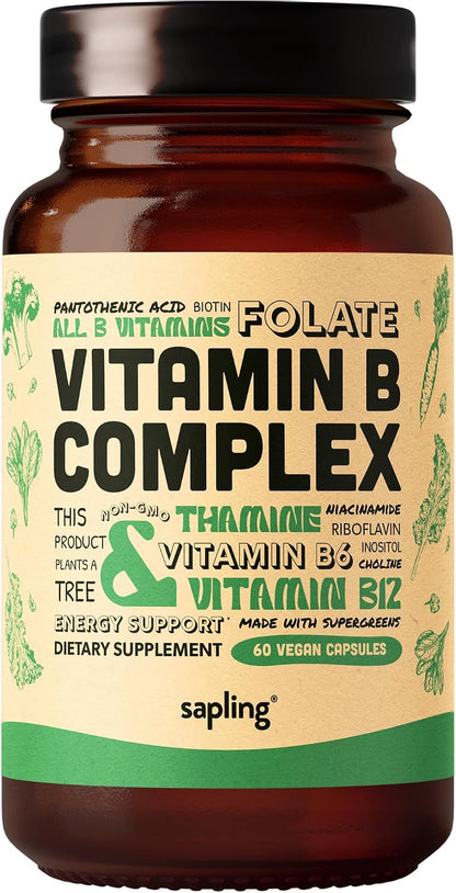 sapling Vegan Vitamin B Complex - Whole Food Blend with Essential B Vitamins B1, B2, B3, B5, B6, B7, Folate, B12 - 60 Capsules