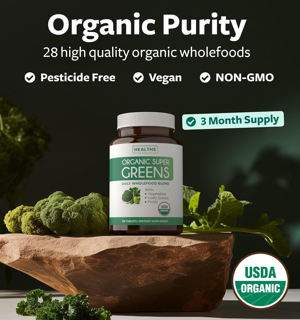USDA Organic Super Greens Supplement - Organic Fruits & Vegetable Supplement with 28 Superfood Complex - Vegan & Non-GM Tablets - görsel 3