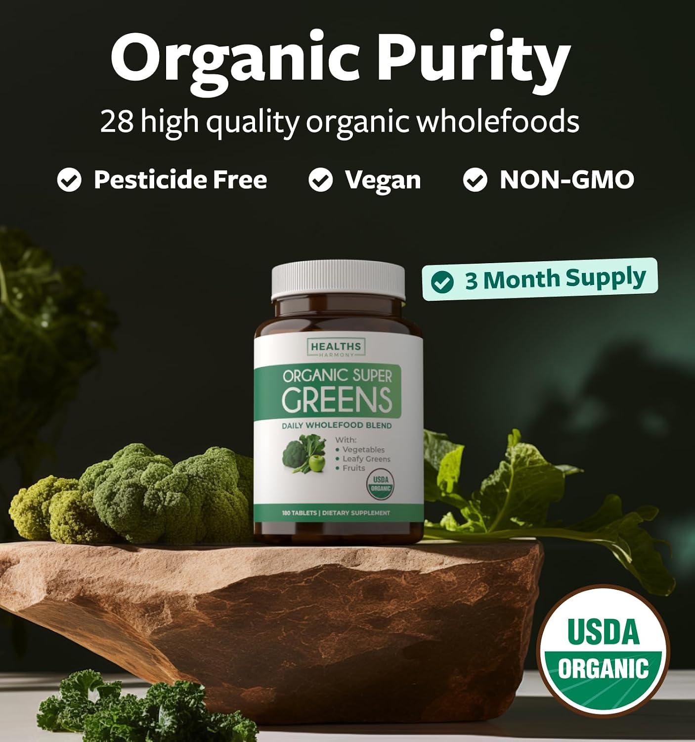 USDA Organic Super Greens Supplement - Organic Fruits & Vegetable Supplement with 28 Superfood Complex - Vegan & Non-GM Tablets - görsel 3
