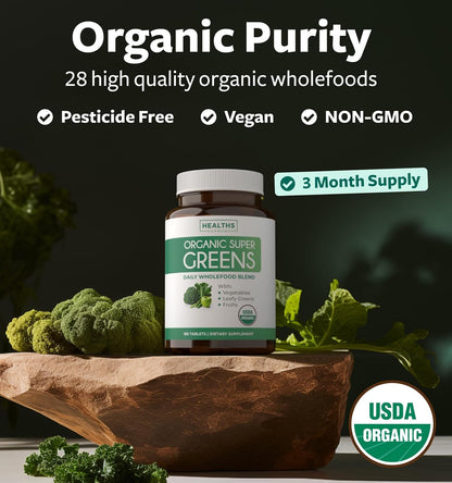 USDA Organic Super Greens Supplement - Organic Fruits & Vegetable Supplement with 28 Superfood Complex - Vegan & Non-GM Tablets