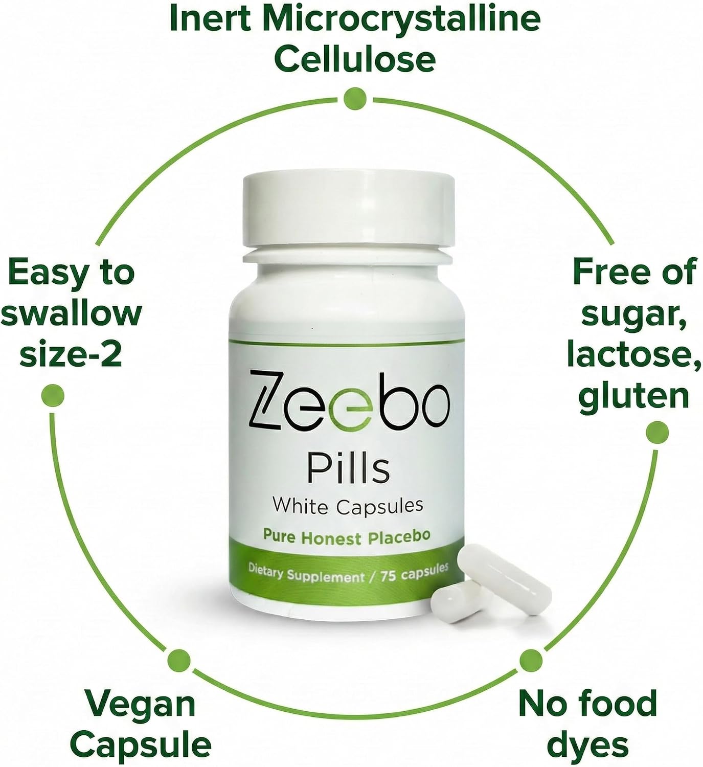 Zeebo - White Placebo Capsules, No-Logo, Inert, Size-2, 75 Vegan Capsules - görsel 2