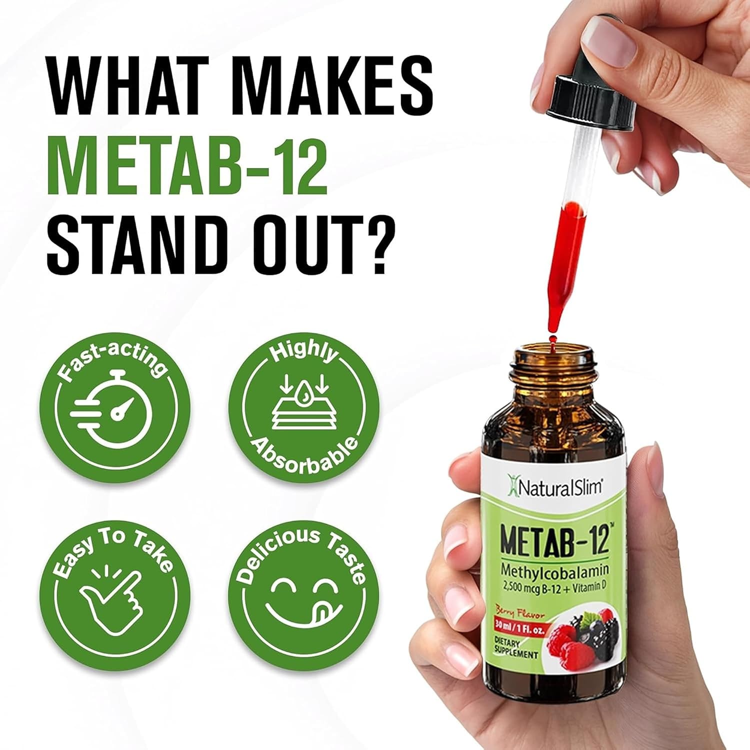 NaturalSlim Metab-12 Liquid B12 with Vitamin D - Methylcobalamin 2500 mcg Sublingual Drops, Berry Flavour, 30 ml - görsel 6
