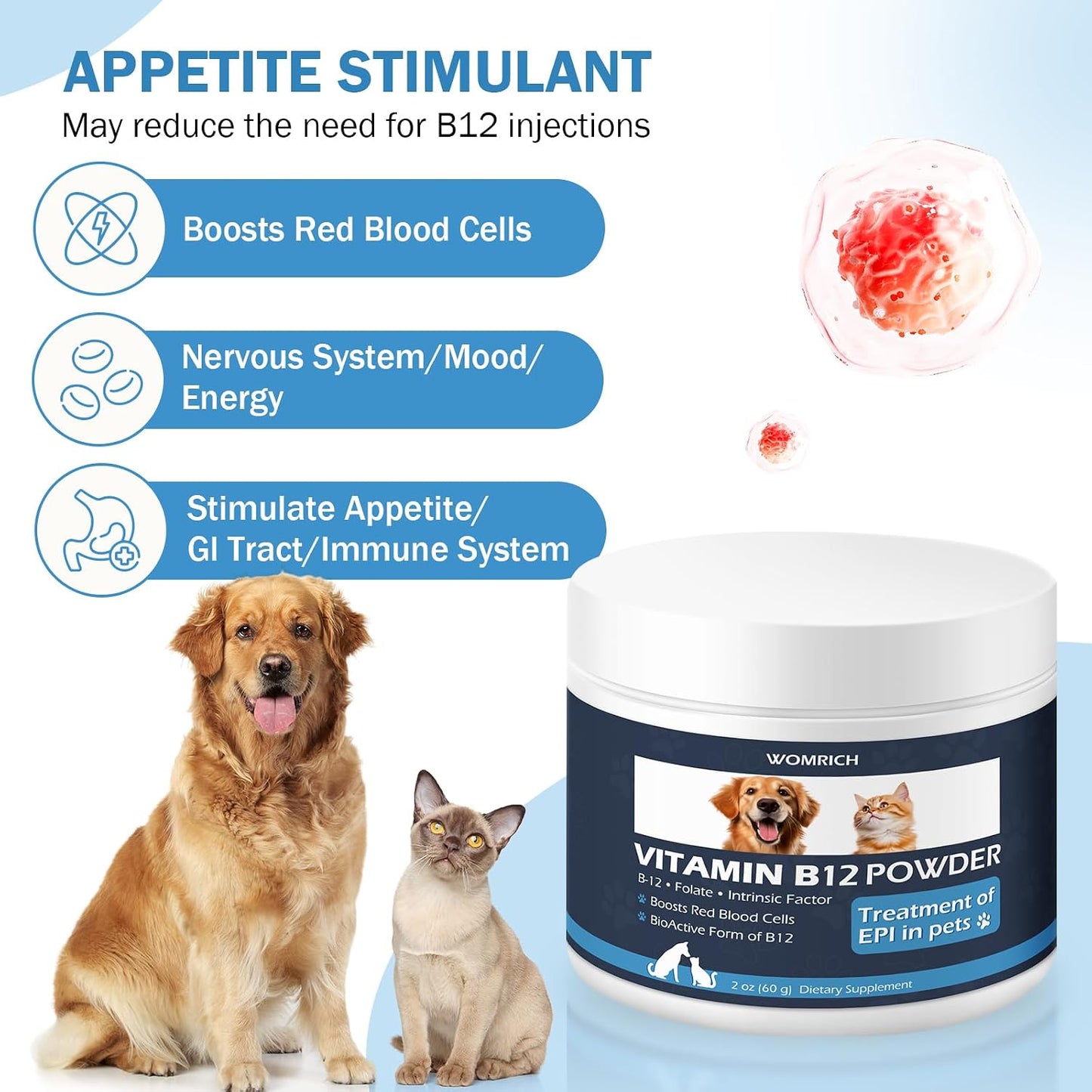 WOMRICH Appetite Support Vitamin for Cats & Dogs - Methylcobalamin B12 Powder with Folate and Intrinsic Factor - görsel 2