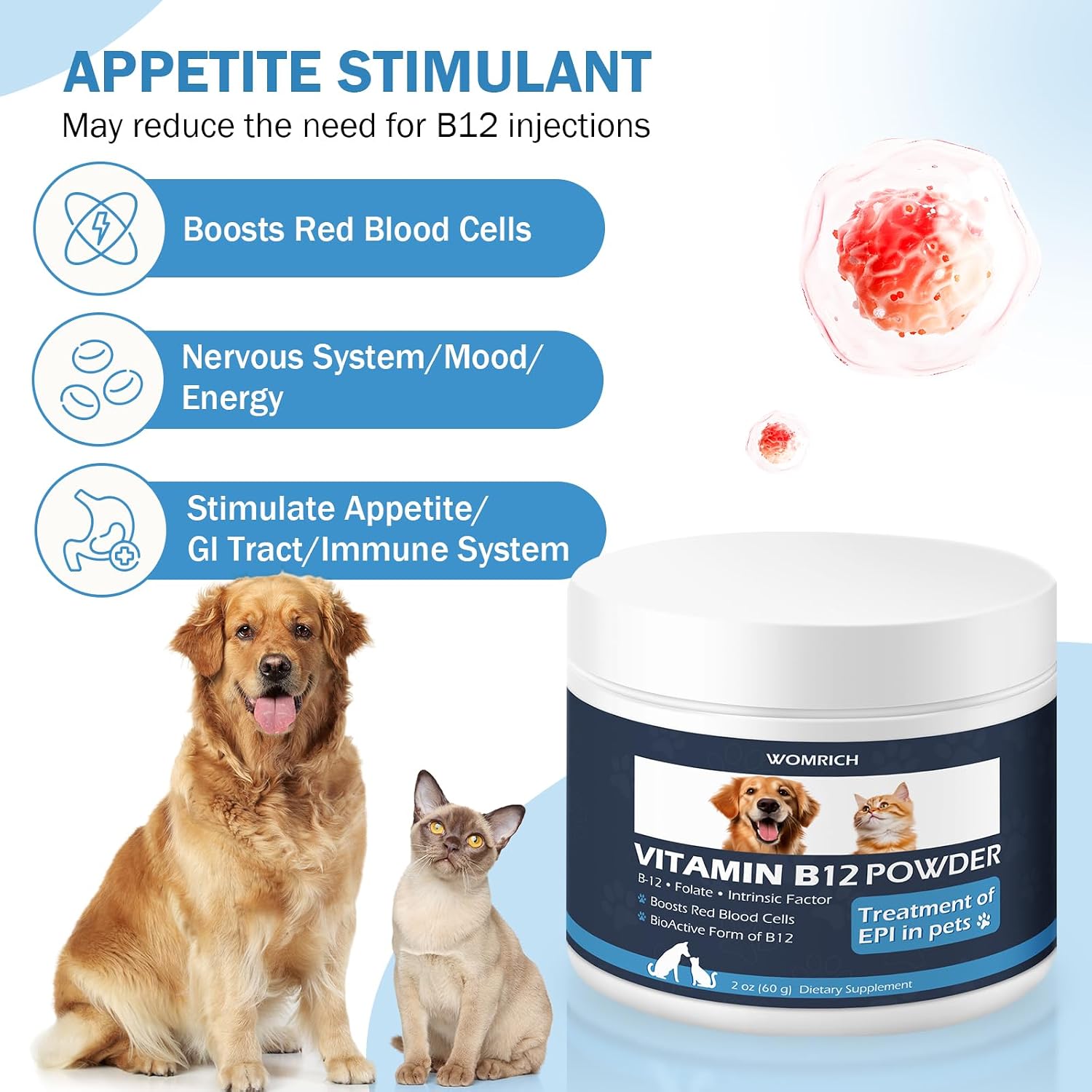 WOMRICH Appetite Support Vitamin for Cats & Dogs - Methylcobalamin B12 Powder with Folate and Intrinsic Factor - görsel 2