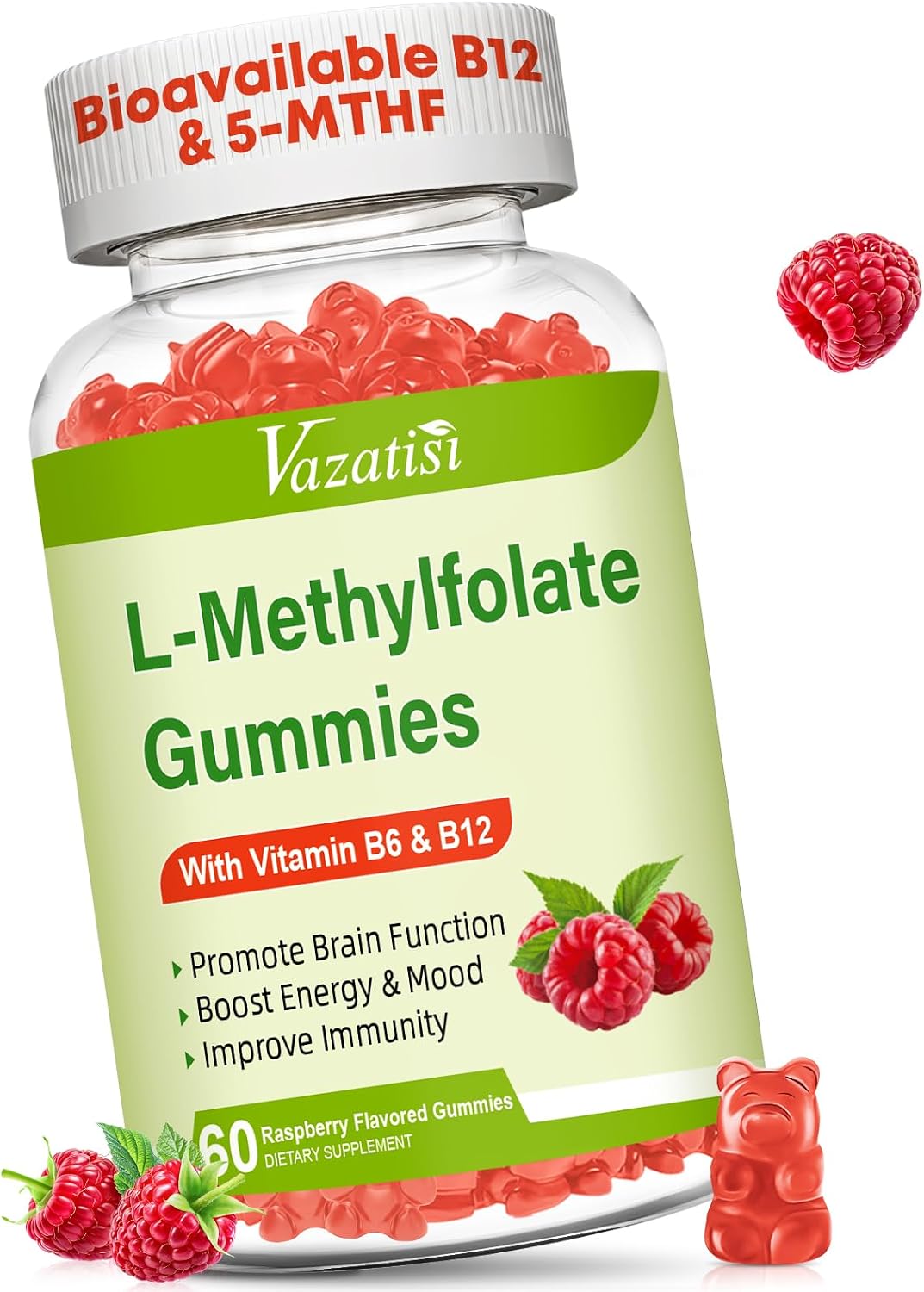 Vazatisi L-Methylfolate 15 mg Gummies with Methyl B12, Folate Supplement for Mood and Brain Health, Raspberry Flavour, 60 Count - görsel 1