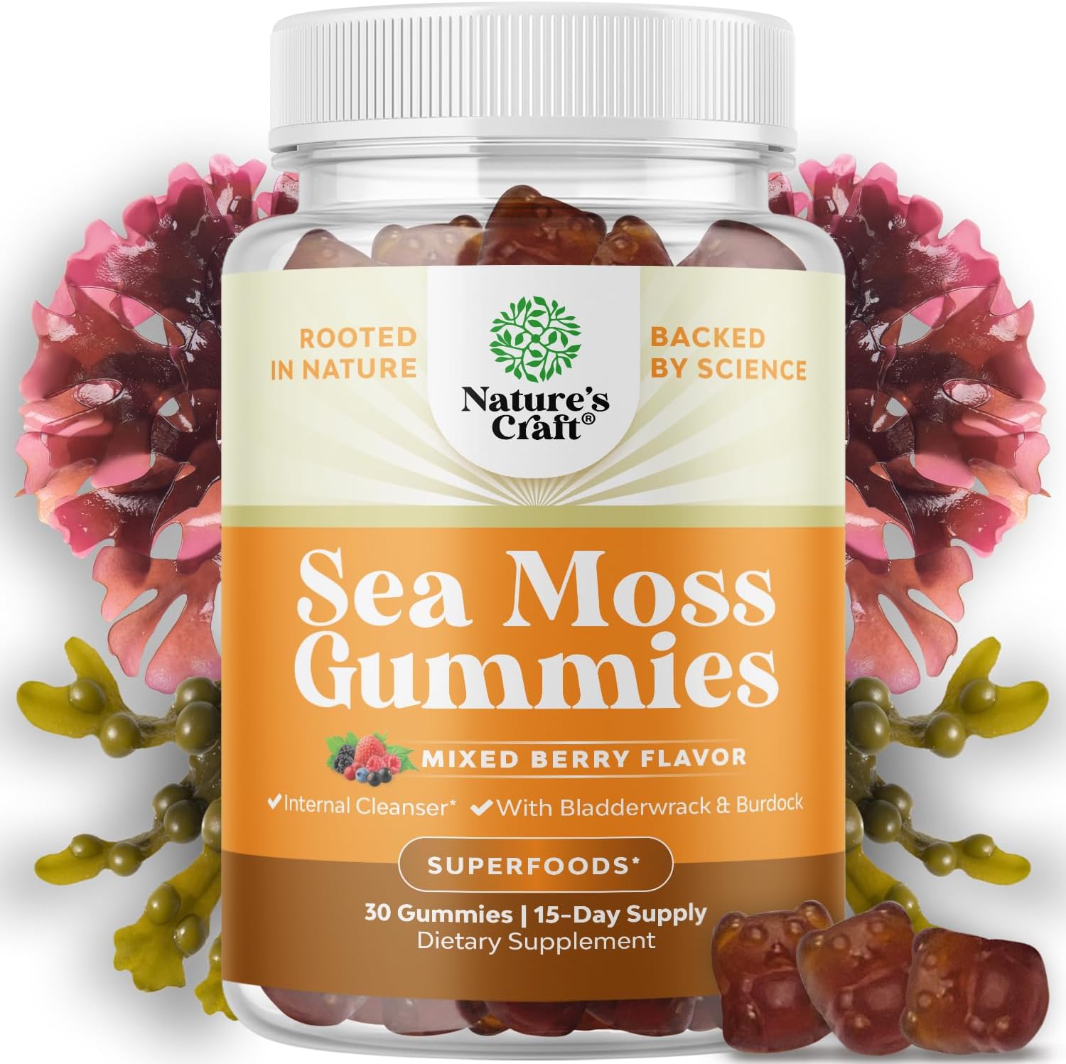 Sea Moss Gummies for Adults and Children - Vegan Immune Support Gummies with Burdock & Bladderwrack - Berry Flavour - 30 Count - görsel 1