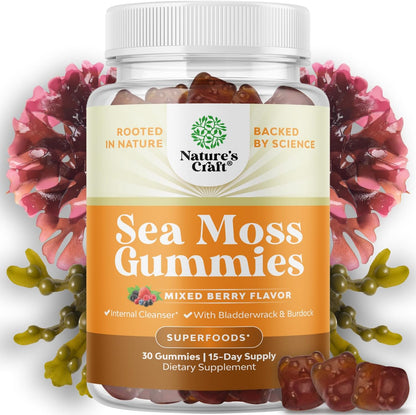 Sea Moss Gummies for Adults and Children - Vegan Immune Support Gummies with Burdock & Bladderwrack - Berry Flavour - 30 Count