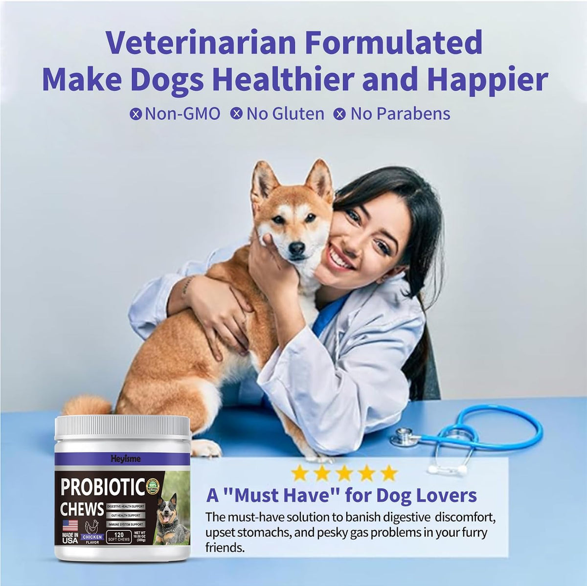 HEYISME Probiotics for Dogs - Support Gut Health, Itchy Skin, Yeast Balance, Immunity - Chicken-Flavoured, 120 Chews - görsel 6