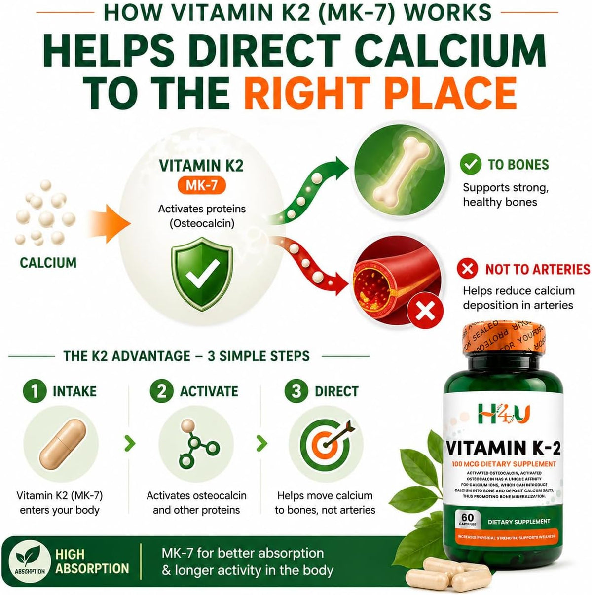 H4U Vitamin K2 MK-7 100 mcg – 60 Veggie Capsules – Supports Bone & Heart Health - görsel 3