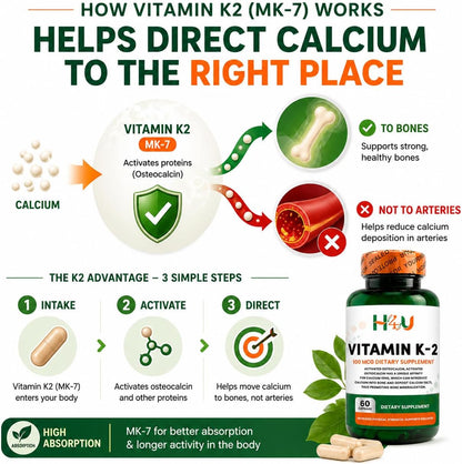 H4U Vitamin K2 MK-7 100 mcg – 60 Veggie Capsules – Supports Bone & Heart Health