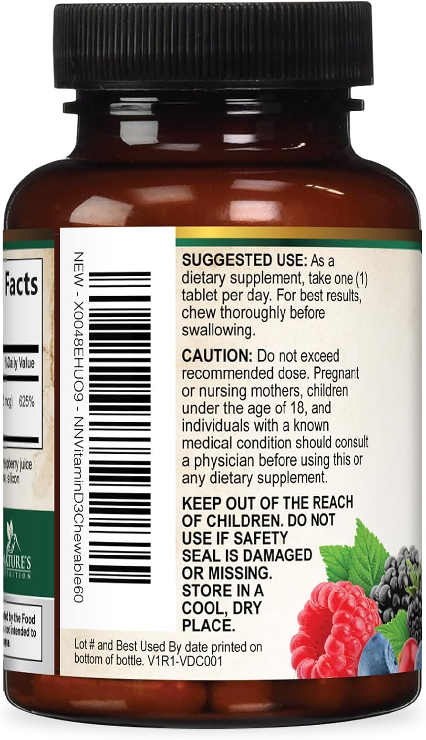 Nature's Nutrition Vitamin D3 5000 IU (125 µg) Chewable Tablets – Extra Strength for Immune Support & Bone Health – Sugar Free, Gluten-free – 60 Count - görsel 8
