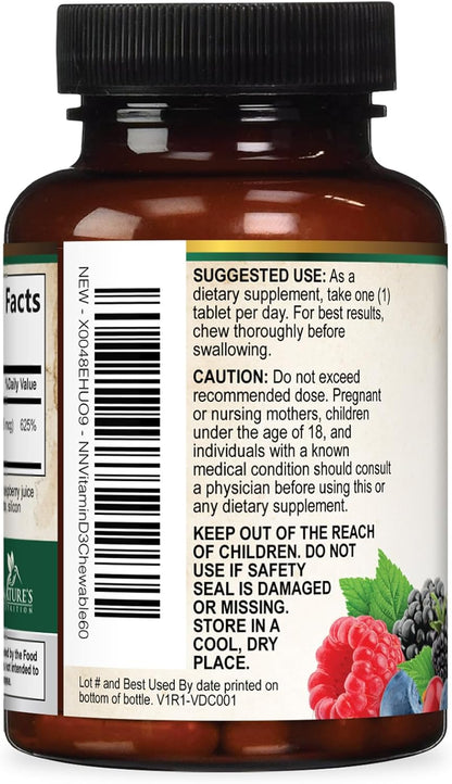 Nature's Nutrition Vitamin D3 5000 IU (125 µg) Chewable Tablets – Extra Strength for Immune Support & Bone Health – Sugar Free, Gluten-free – 60 Count