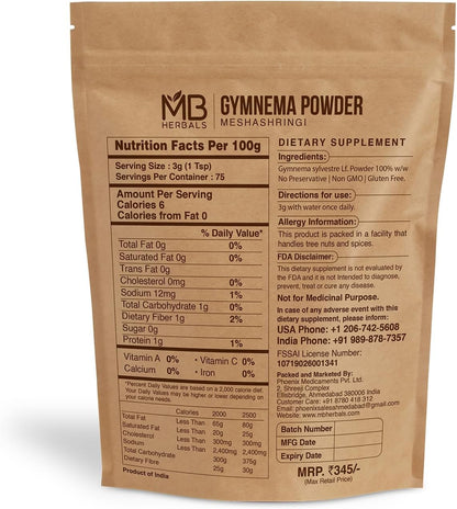 MB Herbals Gymnema Leaf Powder - 227g Pure Meshashringi