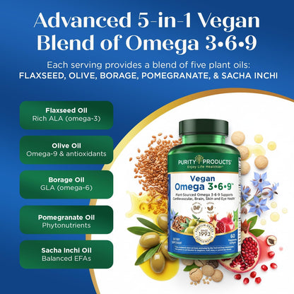 Purity Products Vegan Omega 3-6-9 – 5-in-1 Plant-Based Essential Fatty Acid Complex (60 Softgels)