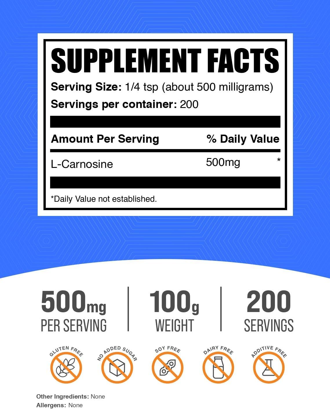 L-Carnosine Powder - Antioxidant Support Food Supplement - Gluten-free, 500mg per Serving, 100g - görsel 2