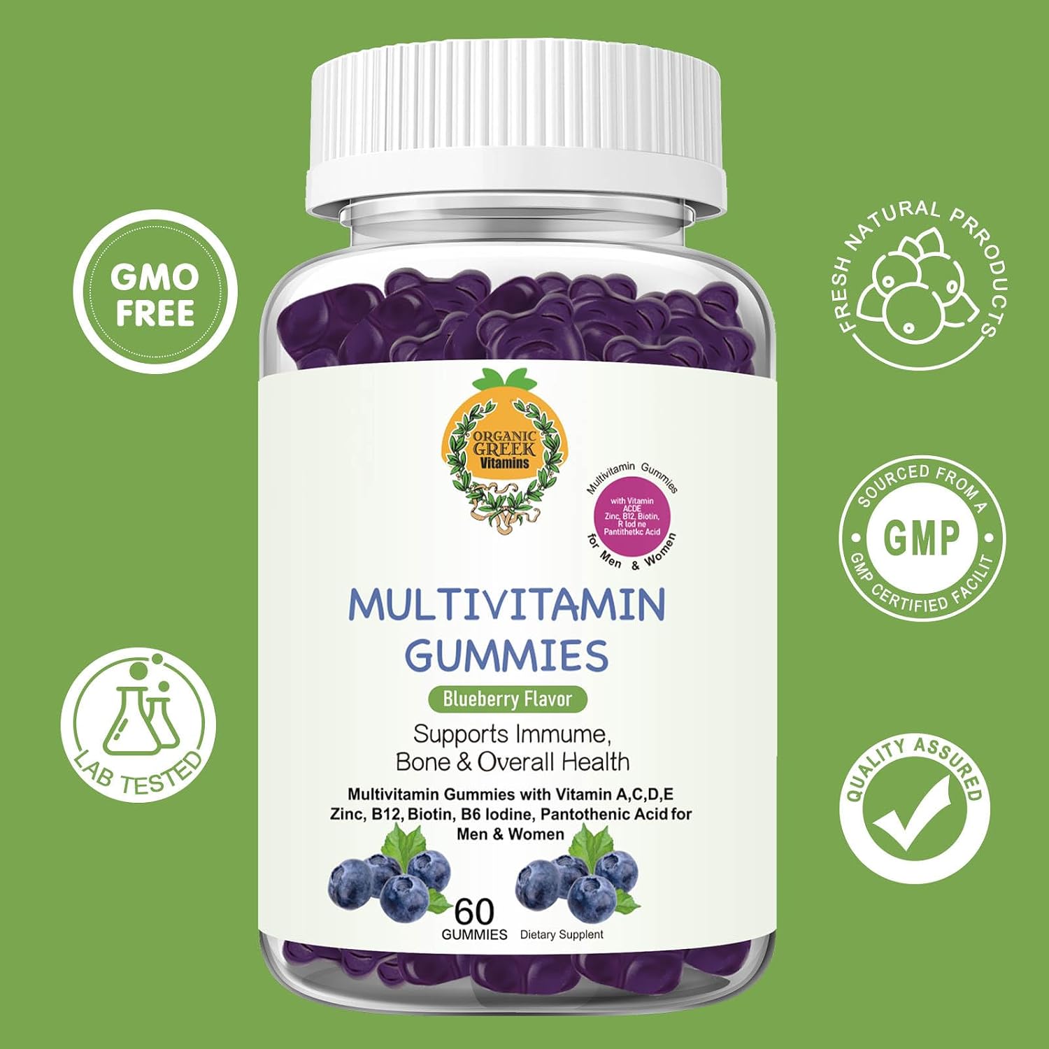 Organic Greek Multivitamin Gummies with Vitamin A, C, D, E, Zinc, B12, Biotin, B6, Iodine, Pantothenic Acid – 13 Vitamins and Minerals, Blueberry Flavour - görsel 9