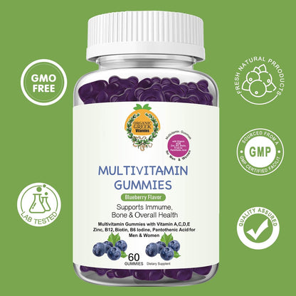 Organic Greek Multivitamin Gummies with Vitamin A, C, D, E, Zinc, B12, Biotin, B6, Iodine, Pantothenic Acid – 13 Vitamins and Minerals, Blueberry Flavour