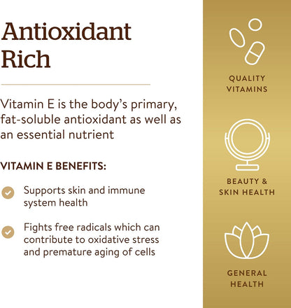 Solgar Vitamin E 670 mg (1000 IU), 180 Softgels – Natural Antioxidant, Skin & Immune System Support – Naturally-Sourced Vitamin E – Gluten-free, Dairy-free – 180 Servings