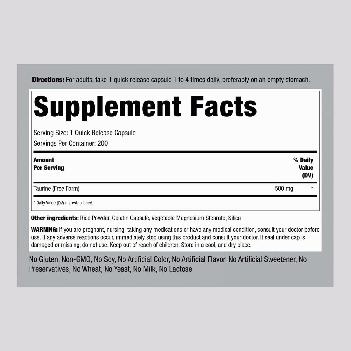 Piping Rock Taurine Supplement 500mg, 200 Capsules - görsel 2