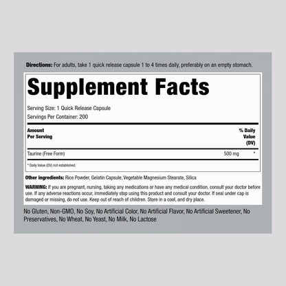 Piping Rock Taurine Supplement 500mg, 200 Capsules