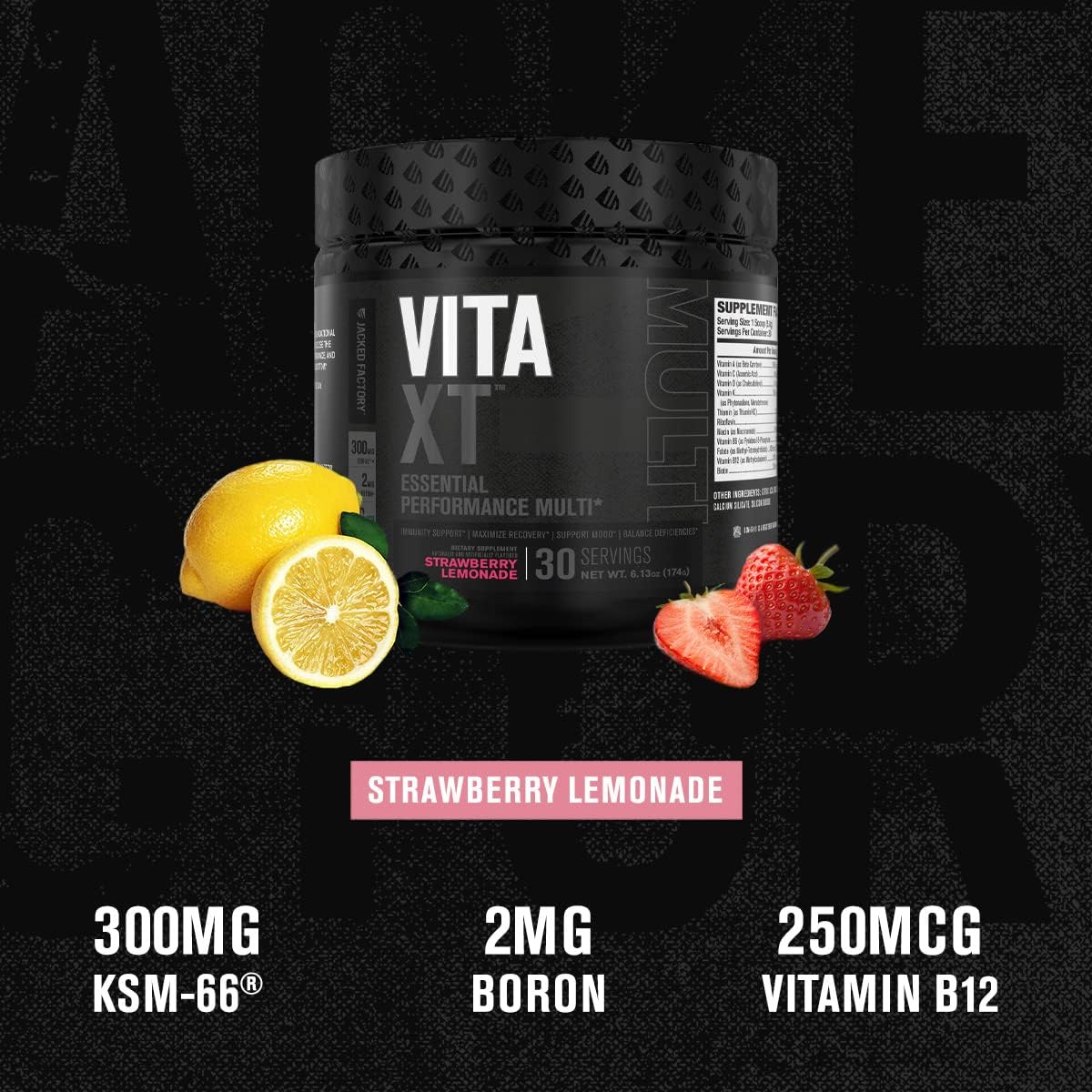 Jacked Factory Vita XT Performance Vitamin Powder - Daily Multivitamin Powder for Men with KSM-66 Ashwagandha, Prebiotic Fibre, and Essential Vitamins - Strawberry Lemonade, 30 Servings - görsel 2