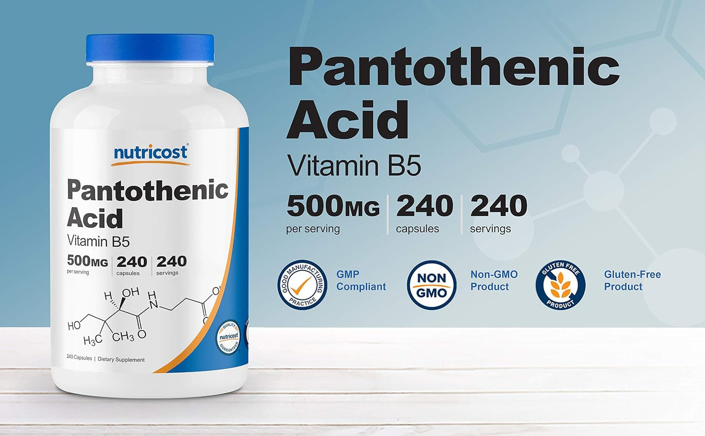 Nutricost Pantothenic Acid (Vitamin B5) 500mg, 240 Capsules (2 Bottles) - görsel 4