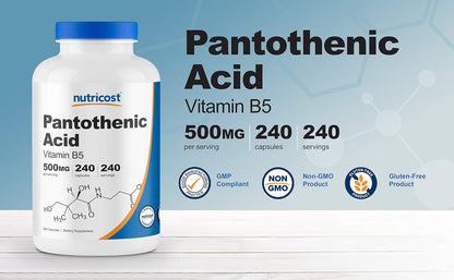 Nutricost Pantothenic Acid (Vitamin B5) 500mg, 240 Capsules (2 Bottles)