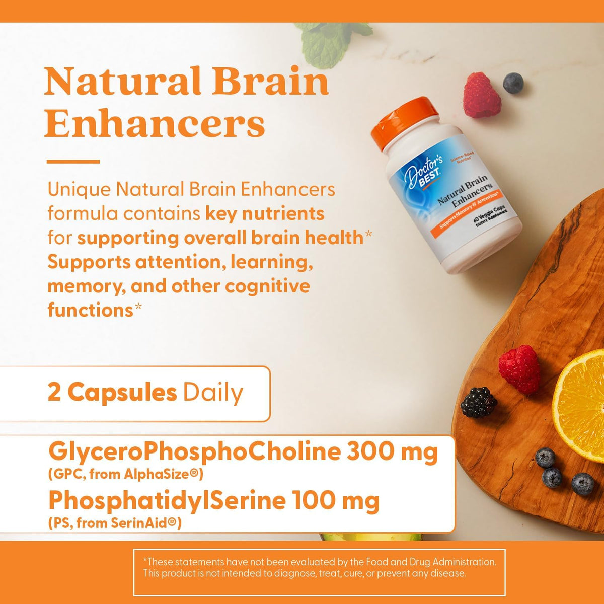 Doctor's Best Natural Brain Enhancers - Brain Health Supplement for Memory and Focus Support, PhosphatidylSerine, Alpha GPC, & Calcium, Gluten Free - 60 Veg Caps - görsel 5