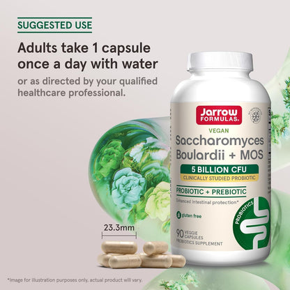 Jarrow Formulae Saccharomyces Boulardii + MOS - 5 Billion Viable Organisms per Serving - 90 Delayed Release Vegetarian Capsules, Pack of 2 - Probiotic + Prebiotic - Intestinal Tract Support - Up to 180 Servings