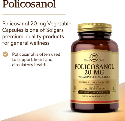 Solgar Policosanol 20 mg - 100 Vegetable Capsules - Heart Health Support