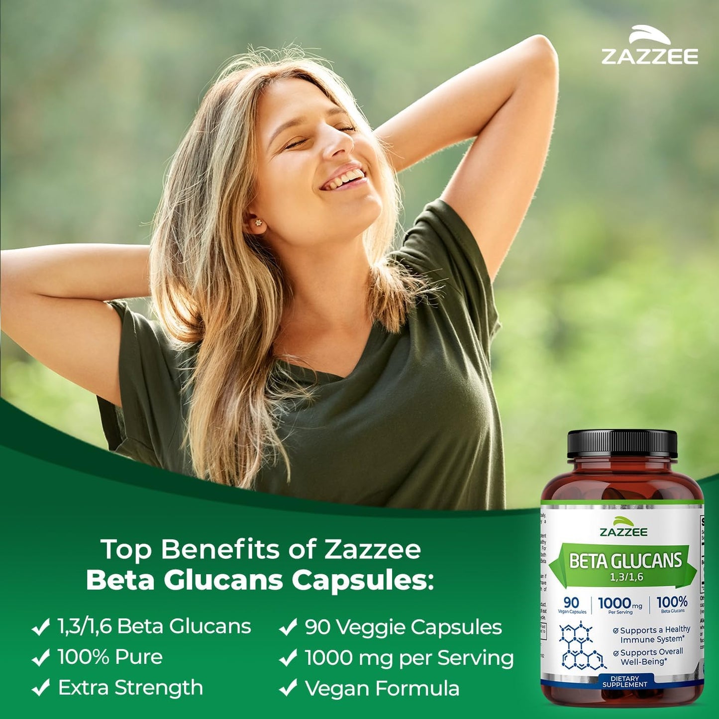 Zazzee Extra Strength 1,3/1,6 Beta Glucans - 1000 mg, 100% Concentrated, 90 Vegan Capsules - Immune Support Supplement - görsel 2