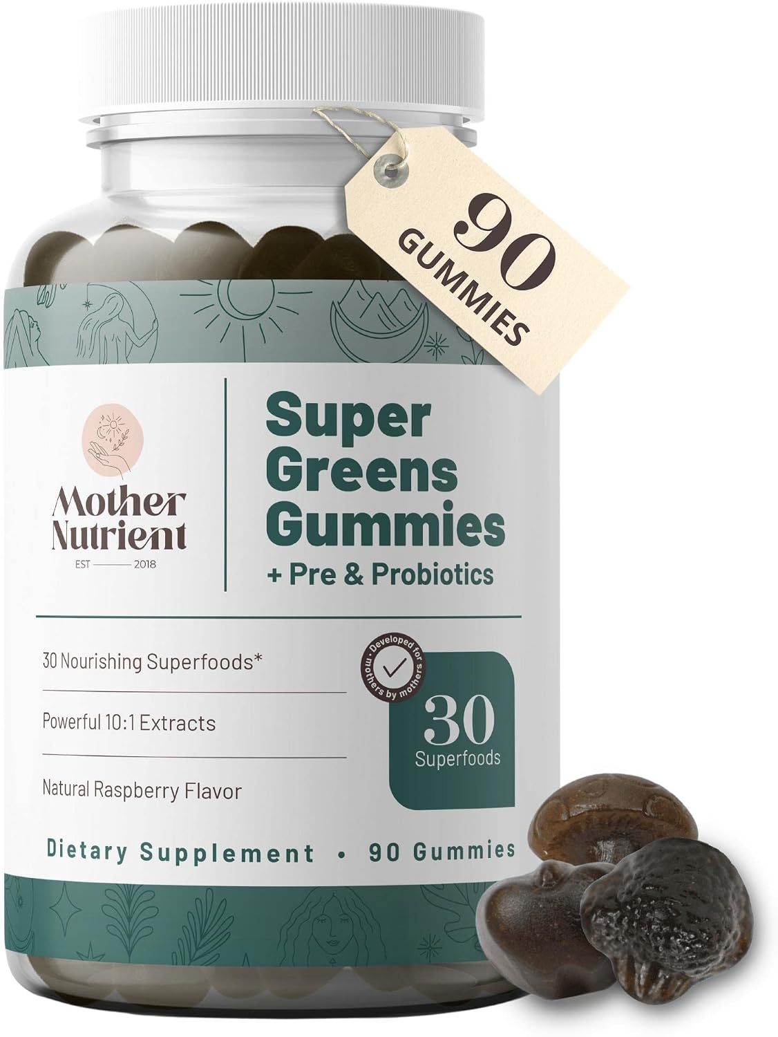 Mother Nutrient Super Greens Gummies – 30 Superfoods with Prebiotics & Probiotics – Multivitamin Vegetable Chewables (90 Gummies) - görsel 1
