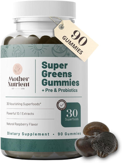 Mother Nutrient Super Greens Gummies – 30 Superfoods with Prebiotics & Probiotics – Multivitamin Vegetable Chewables (90 Gummies)