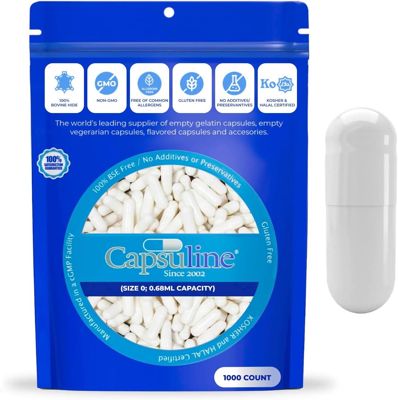 Capsuline Size 0 White Empty Gelatine Capsules - 1000 Count - görsel 1