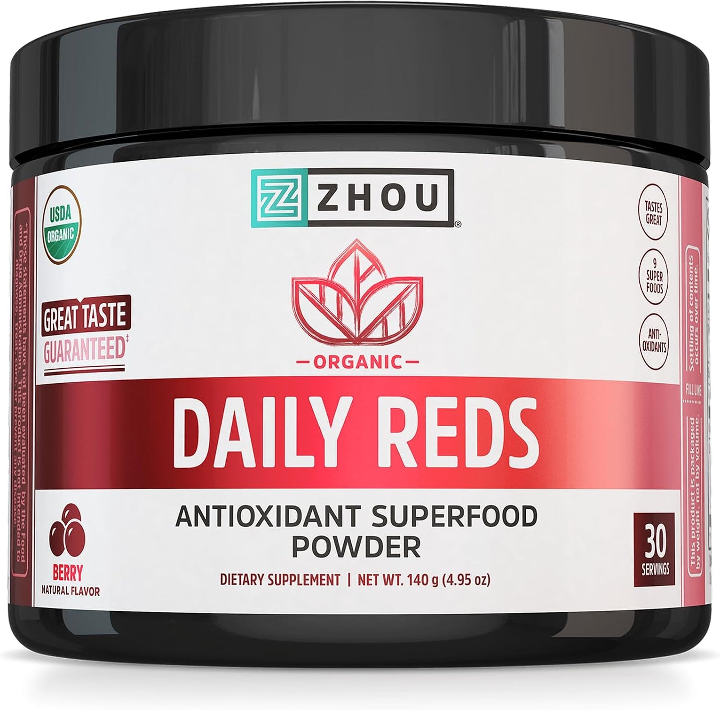 Zhou Organic Reds Powder - Red Superfood with Beetroot, Super Fruits, Goji Berry & Tart Cherry, Antioxidant Support, Natural Berry Flavour, 140 g (30 Servings) - görsel 1
