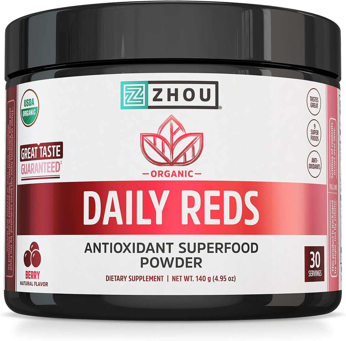 Zhou Organic Reds Powder - Red Superfood with Beetroot, Super Fruits, Goji Berry & Tart Cherry, Antioxidant Support, Natural Berry Flavour, 140 g (30 Servings) - görsel 1