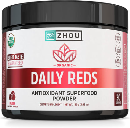 Zhou Organic Reds Powder - Red Superfood with Beetroot, Super Fruits, Goji Berry & Tart Cherry, Antioxidant Support, Natural Berry Flavour, 140 g (30 Servings)