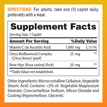 Vitamin World C-1000 mg with Bioflavonoids and Wild Rose HIPS Vitamin C, 250 Coated Caplets