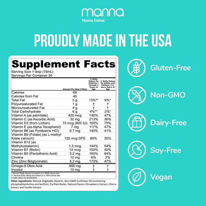 Manna Vitamins Evolved Liposomal Children's Multivitamin – Liquid Multivitamin for Kids with Vitamin D3, A, B12, C, Zinc & More