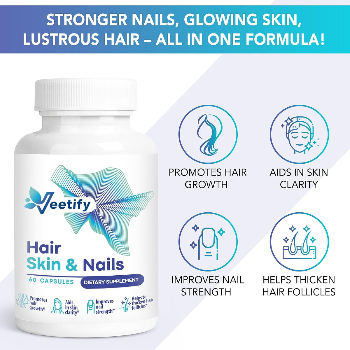 Veetify Hair, Skin and Nails Vitamins - Biotin and Herbal Complex, 60 Vegan Capsules - görsel 2