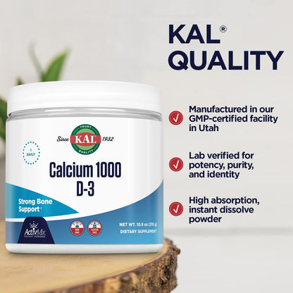 KAL Calcium Vitamin D-3 ActivMix Powder - Bioavailable Calcium Support, Unflavoured, 31 Servings