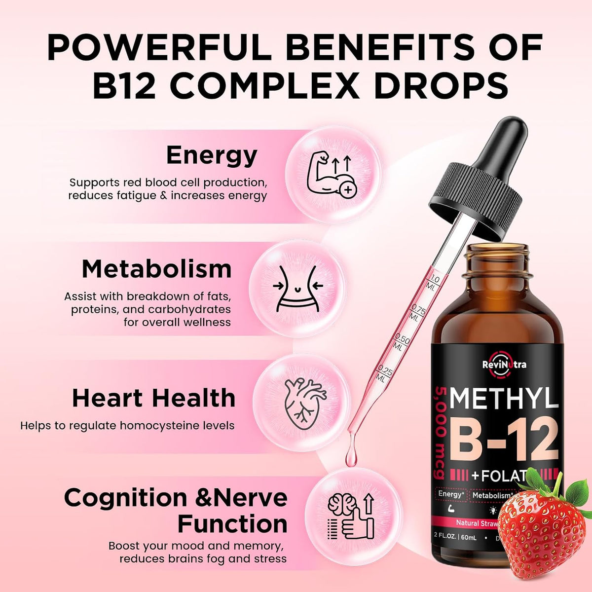 ReviNutra Vitamin B12 Liquid Drops - 5000 mcg Methylcobalamin with B6 & Folate - Vegan Strawberry Flavour - 60 ml - görsel 2